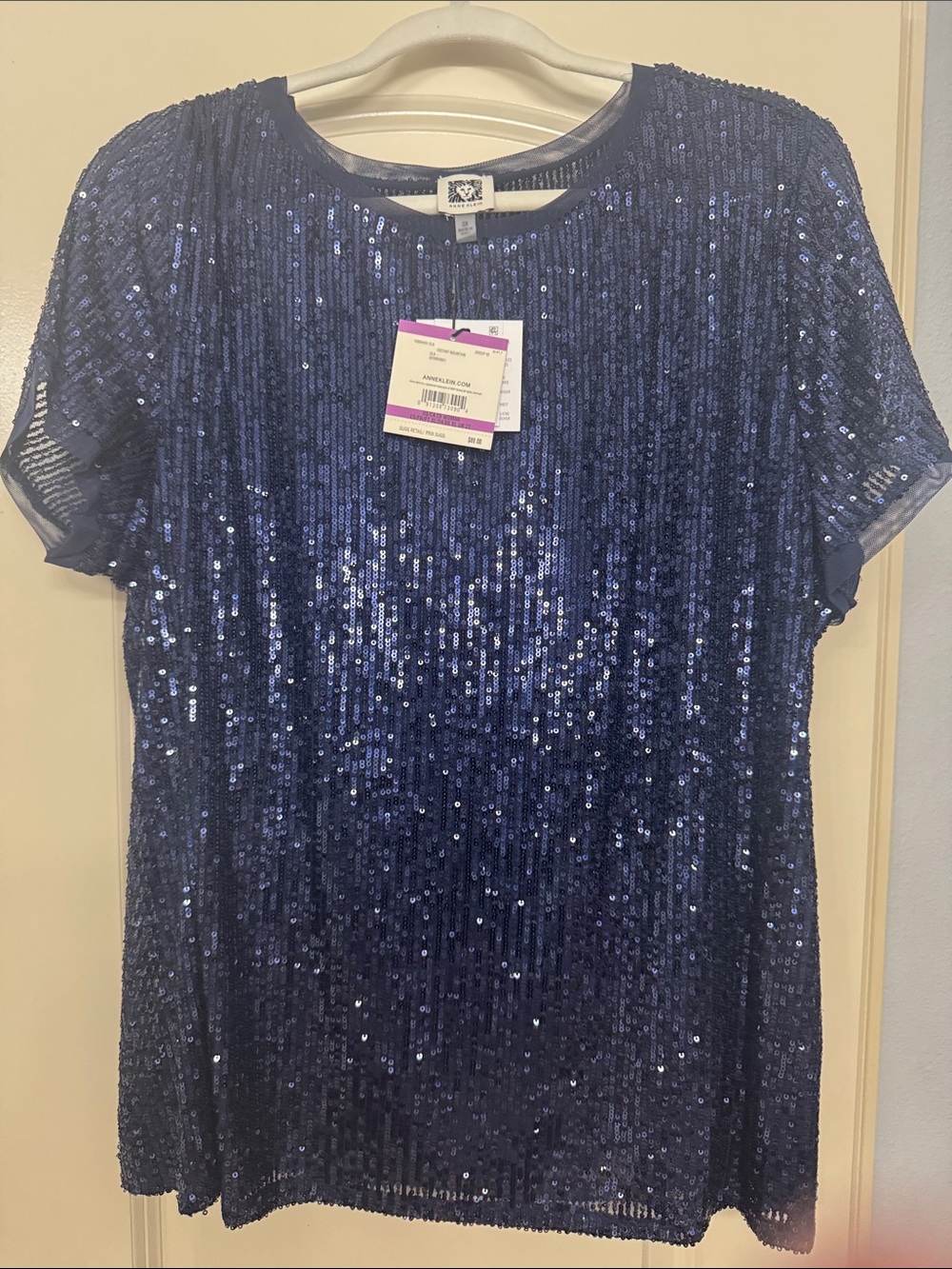 Anne Klein Navy Sequin Short Sleeve Top